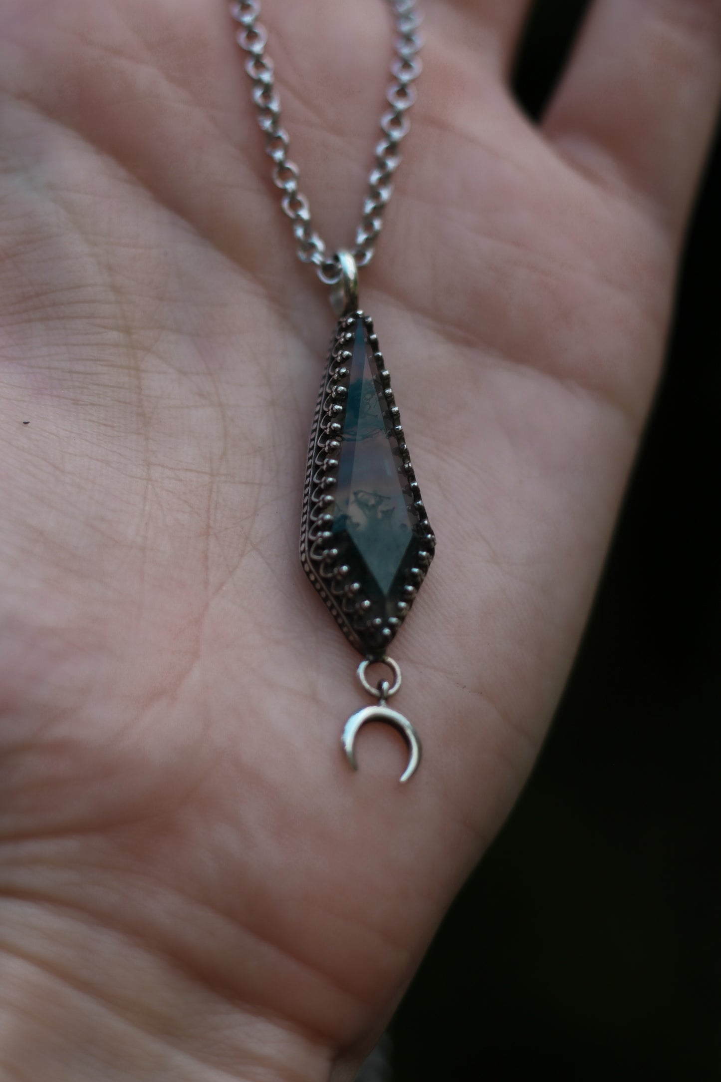 ITHILWEN Moss Agate Necklace in Sterling Silver with moon detail