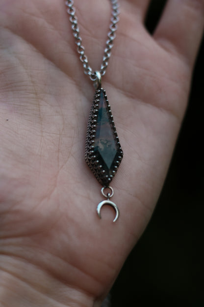 ITHILWEN Moss Agate Necklace in Sterling Silver with moon detail