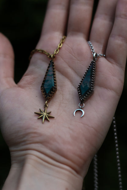 ITHILWEN Moss Agate Necklace in Sterling Silver with moon detail