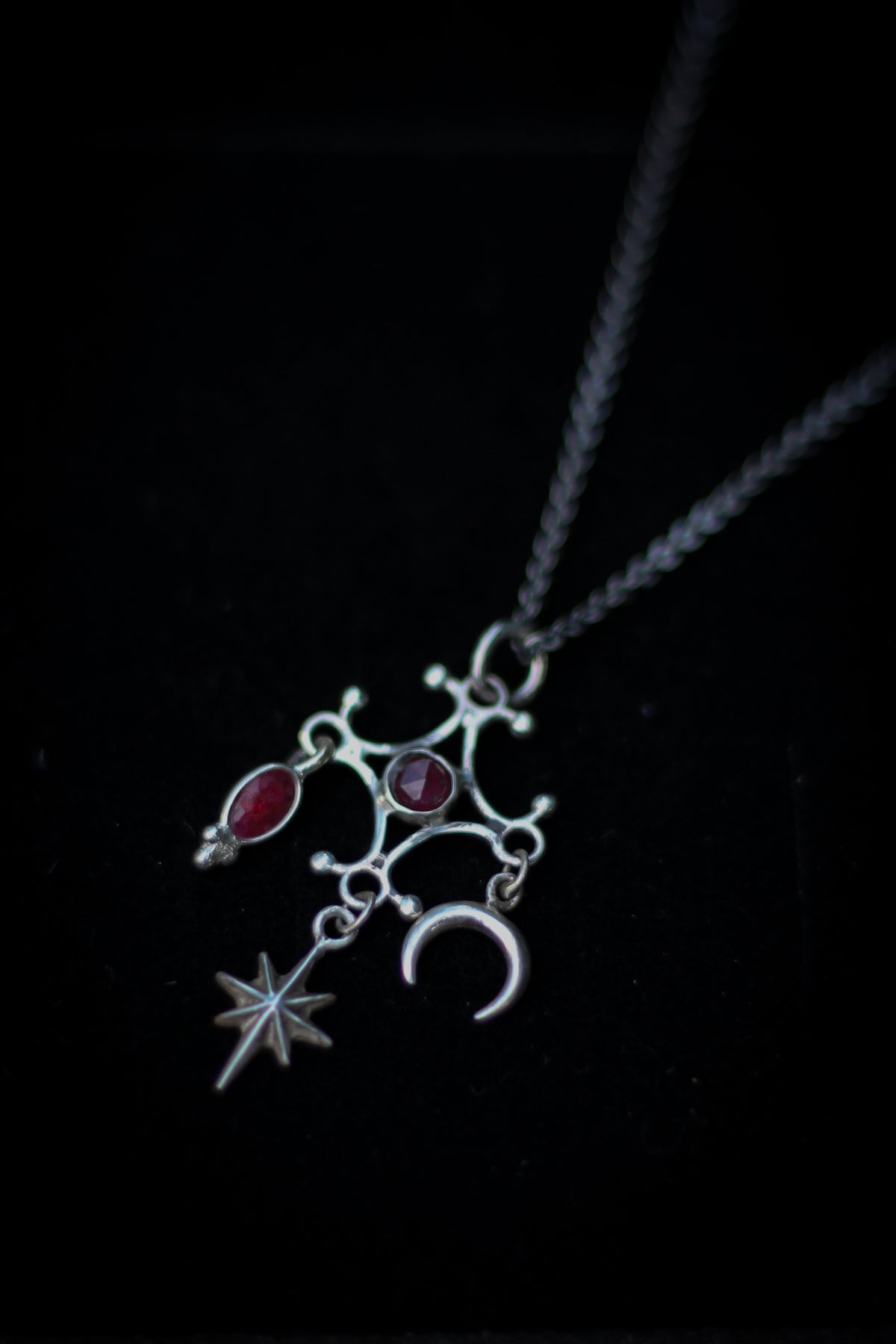 RITE ruby ornamental silver pendant with star and moon