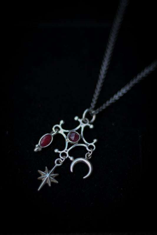 RITE ruby ornamental silver pendant with star and moon