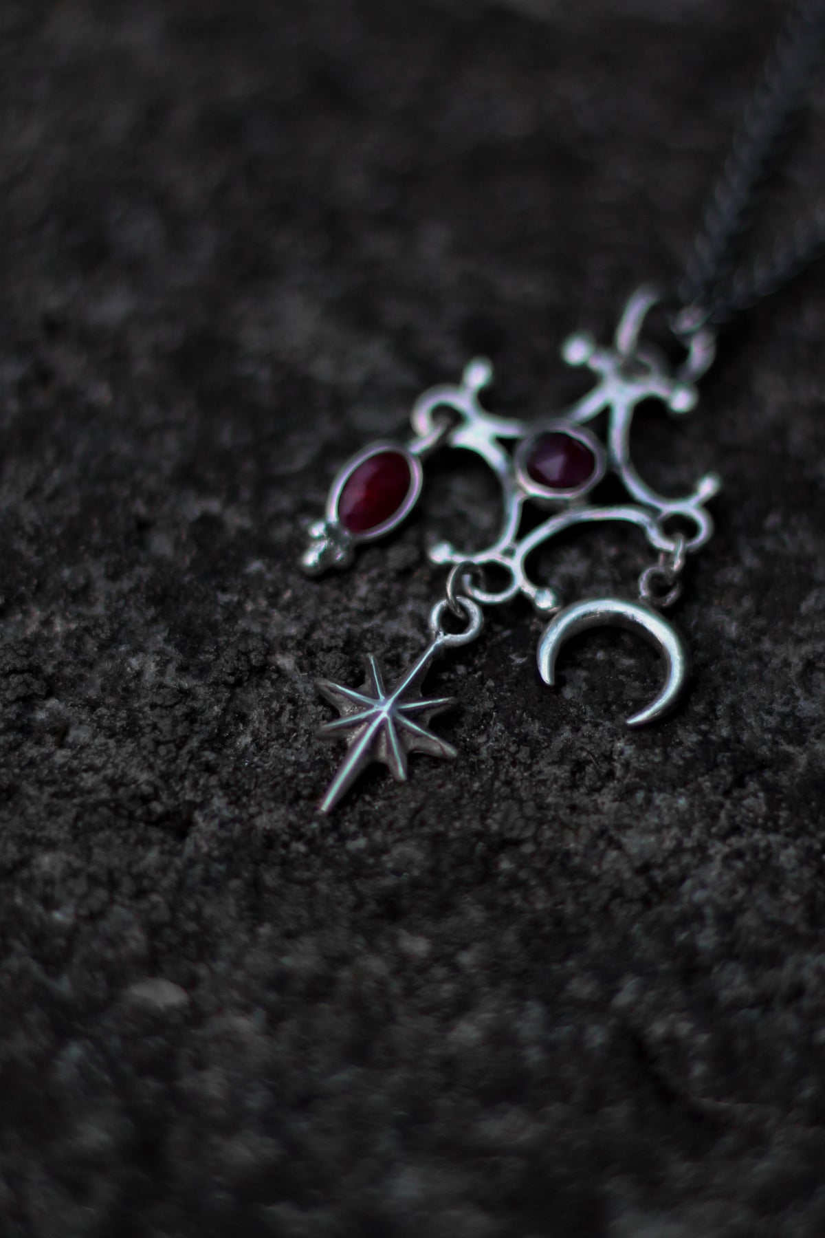 RITE ruby ornamental silver pendant with star and moon