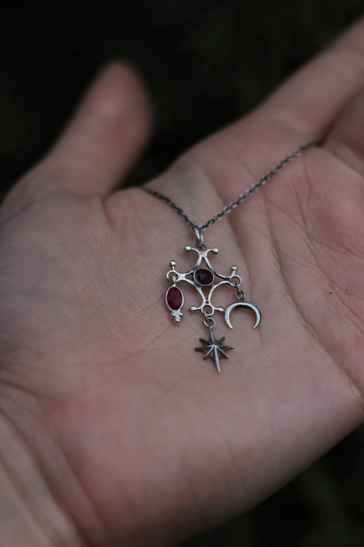 RITE ruby ornamental silver pendant with star and moon