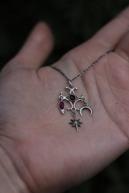 RITE ruby ornamental silver pendant with star and moon