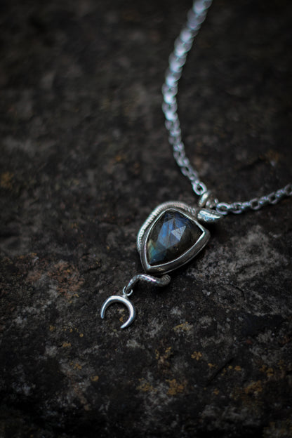SÍRIEL I snake and moon high fantasy pendant in sterling silver with labradorite