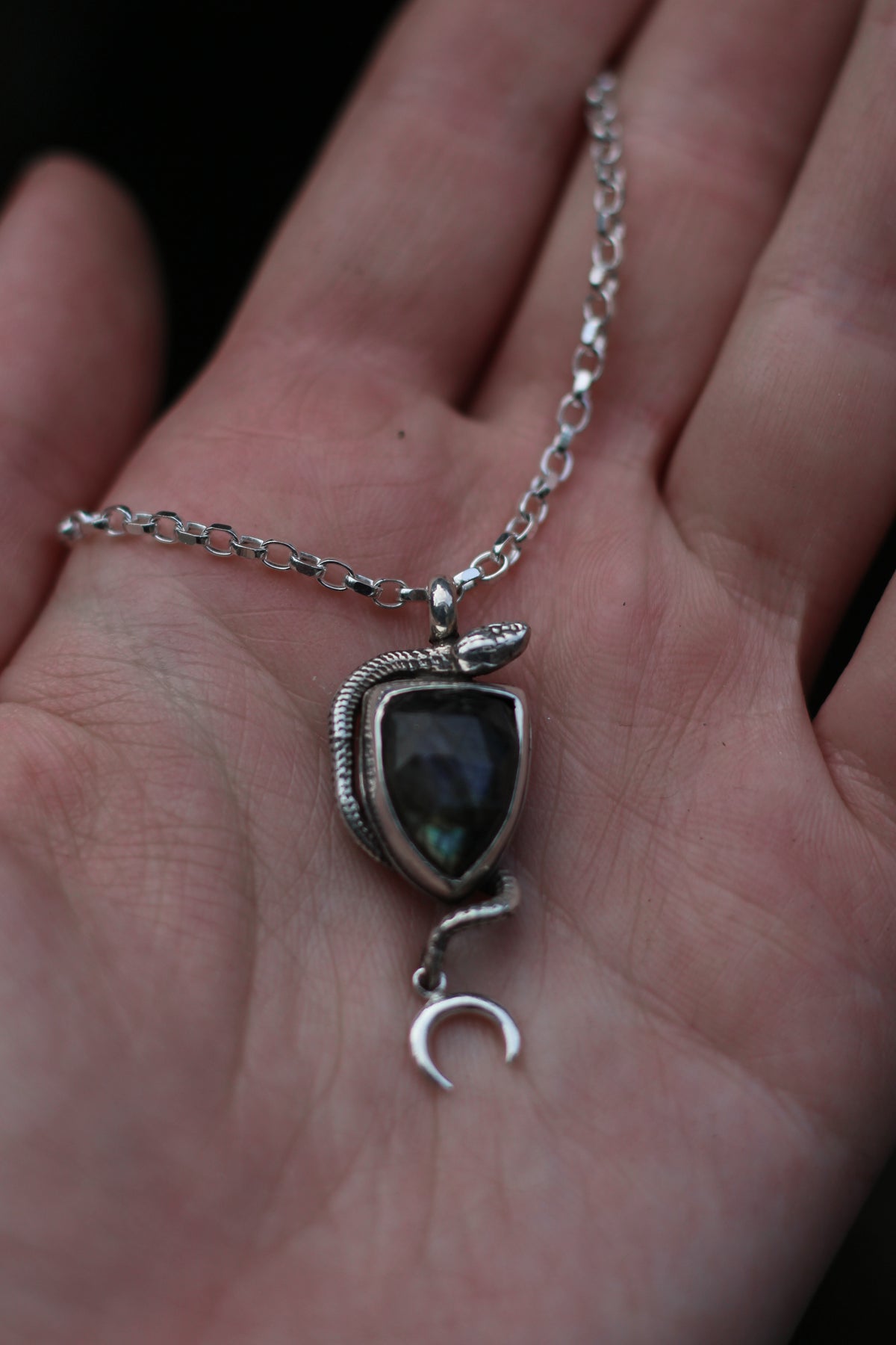 SÍRIEL I snake and moon high fantasy pendant in sterling silver with labradorite