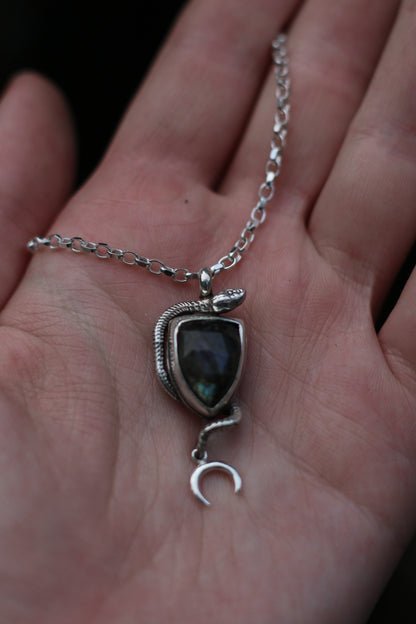 SÍRIEL I snake and moon high fantasy pendant in sterling silver with labradorite