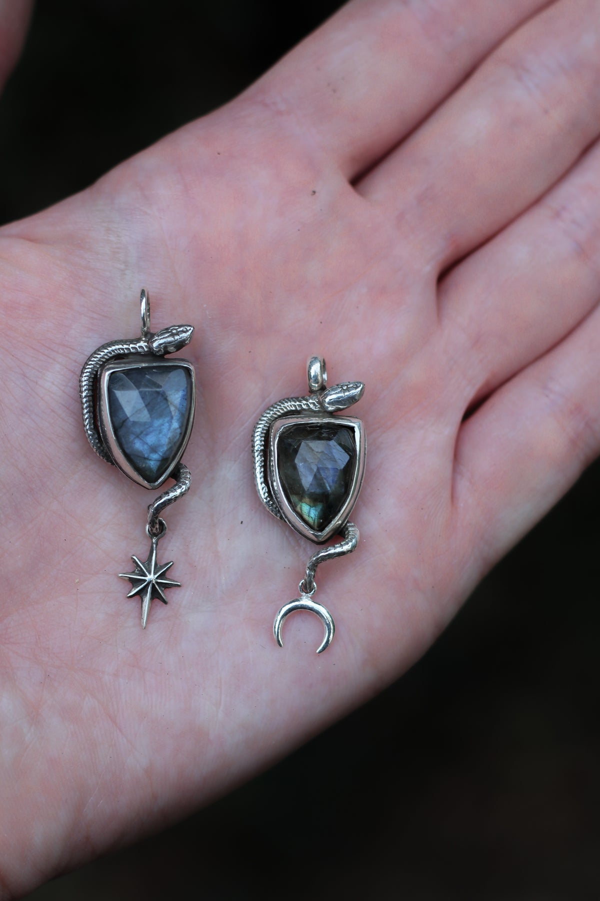SÍRIEL I snake and moon high fantasy pendant in sterling silver with labradorite