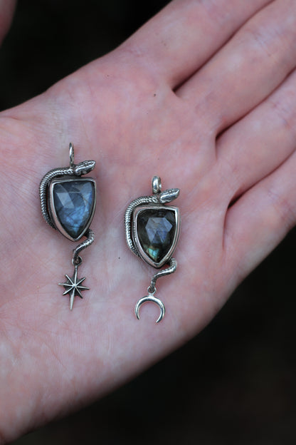 SÍRIEL I snake and moon high fantasy pendant in sterling silver with labradorite