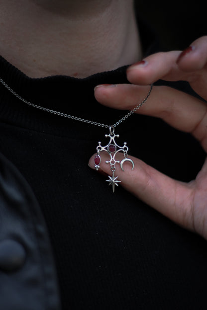 RITE ruby ornamental silver pendant with star and moon