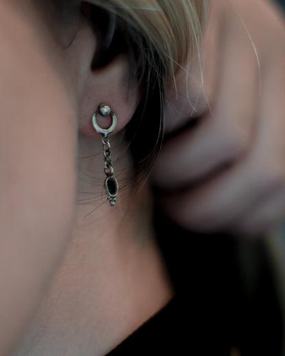 silver lunula moon earrings with onyx drop