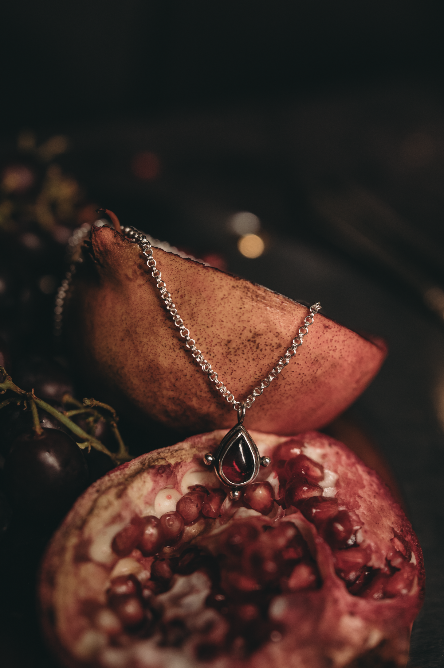 Renaissance Medieval Style sterling silver necklace with red garnet drop pendant