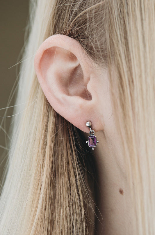 Historical medieval silver stud earrings with purple amethyst gemstones