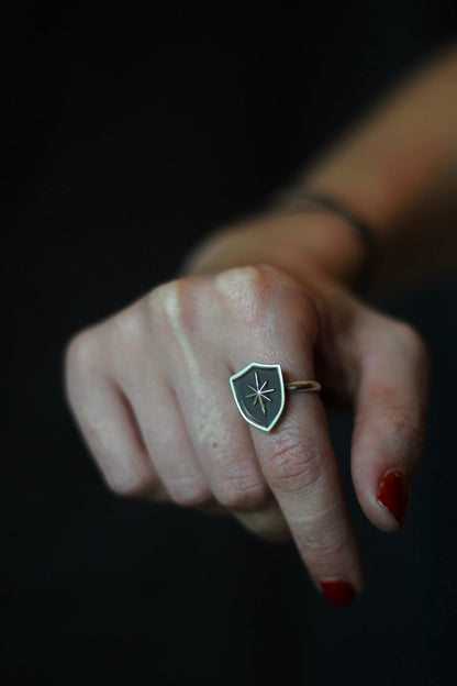 silver knight star and shield warrior fantasy ring