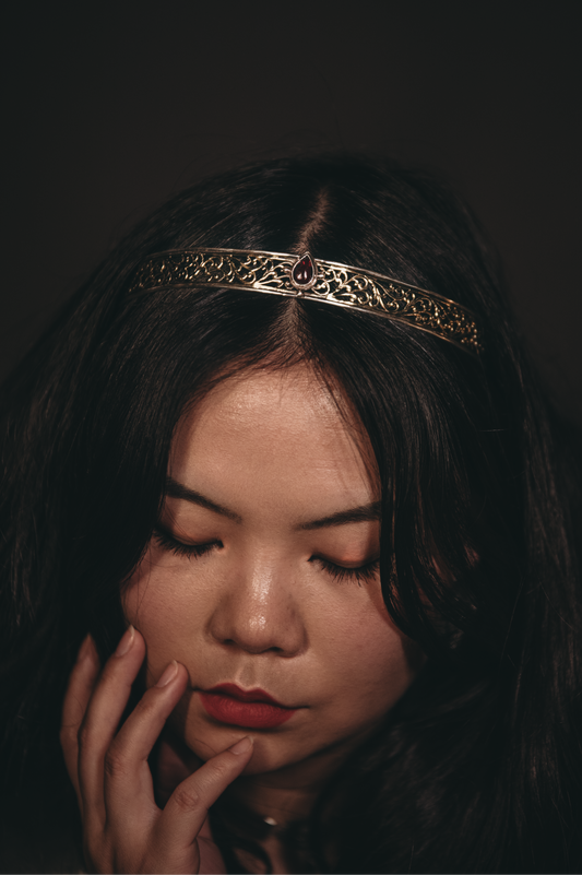 Medieval Renaissance crown in sterling silver and brass with blood-red garnet
