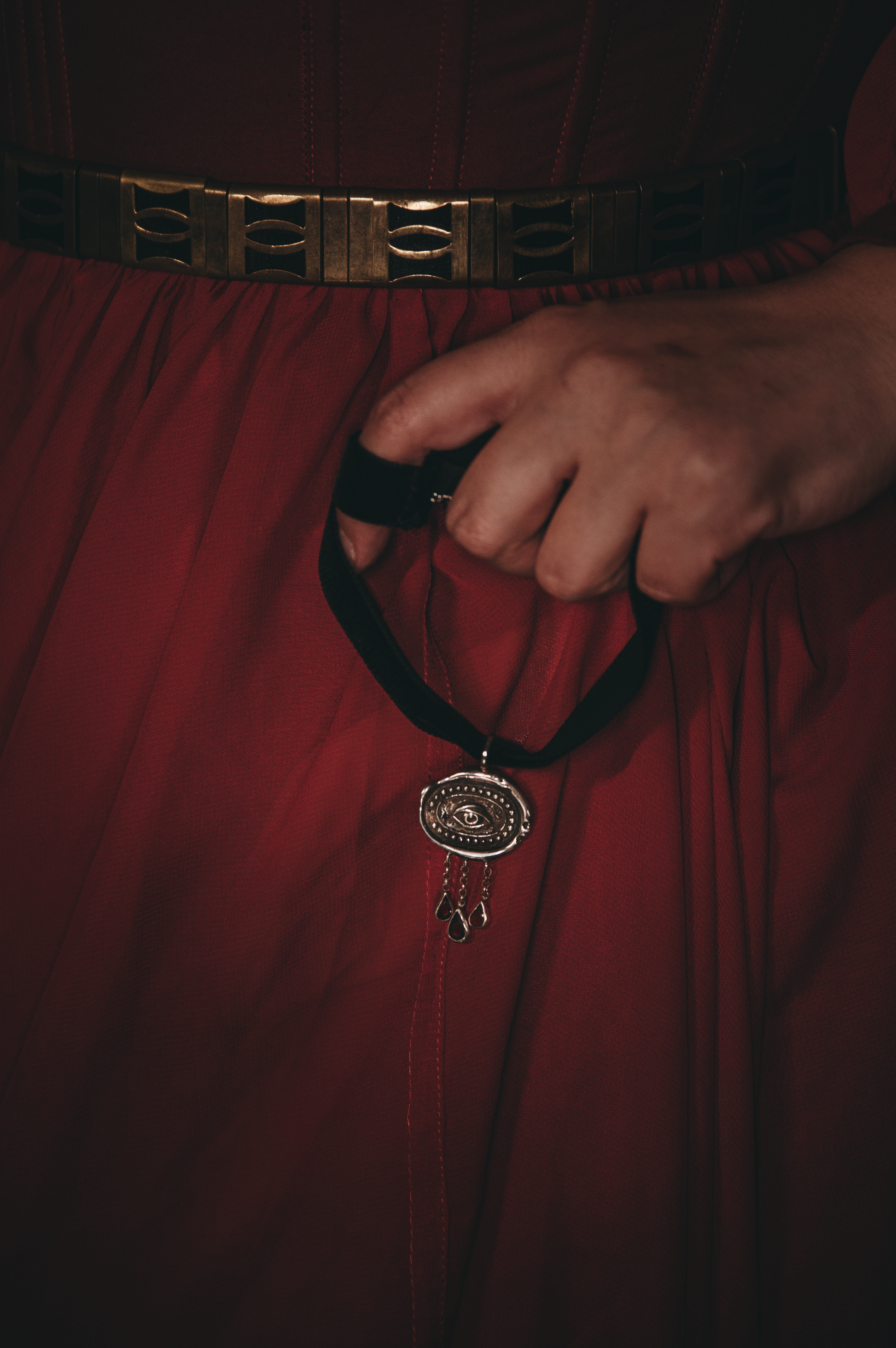 Victorian Black velvet choker with silver Lovers Eye miniature and garnet stone accents