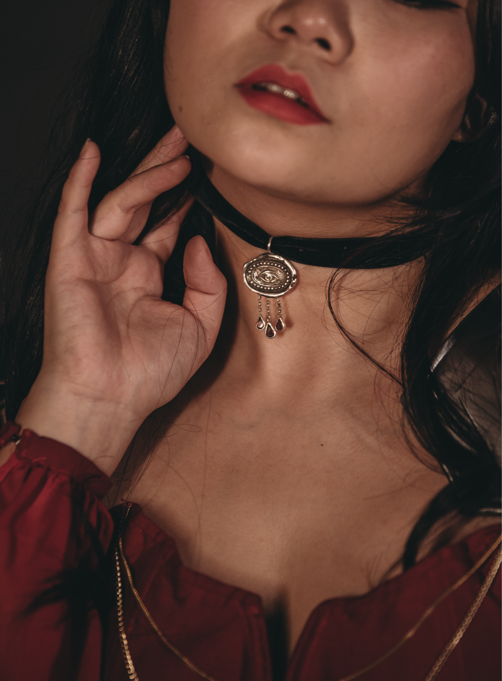 Victorian Black velvet choker with silver Lovers Eye pendant and garnet stone accents