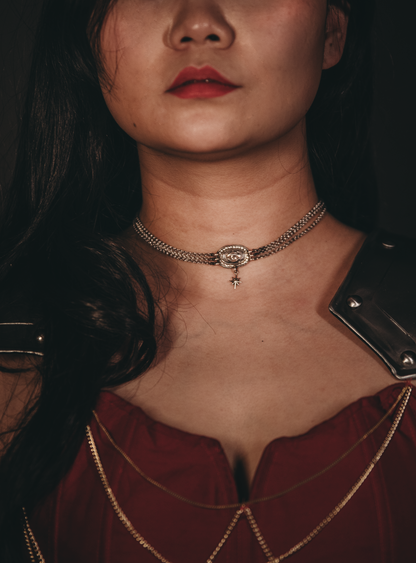 Handmade Victorian Lovers Eye necklace with star silver pendant on triple chain.