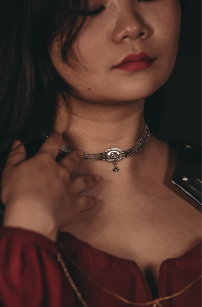 Handmade Victorian Lovers Eye necklace with silver pendant on triple chain. Adjustable size, perfect for romantic gifts, anniversaries, and sentimental keepsakes.