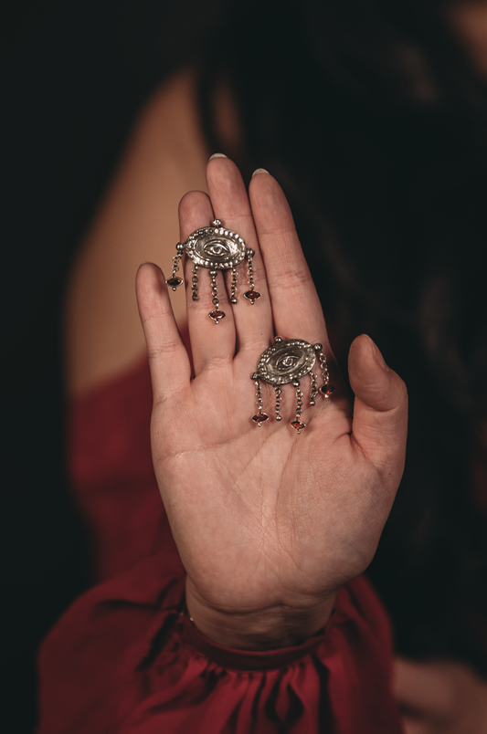 Handmade Victorian Lovers Eye silver earrings with garnet drops
