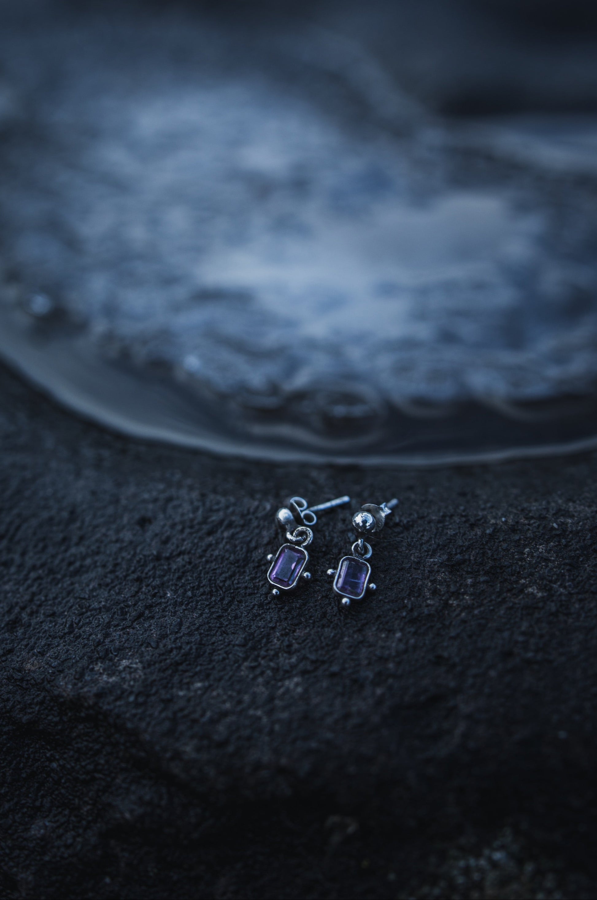 Historical medieval silver stud earrings with purple amethyst gemstones