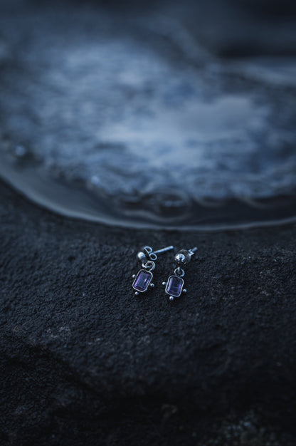 Historical medieval silver stud earrings with purple amethyst gemstones