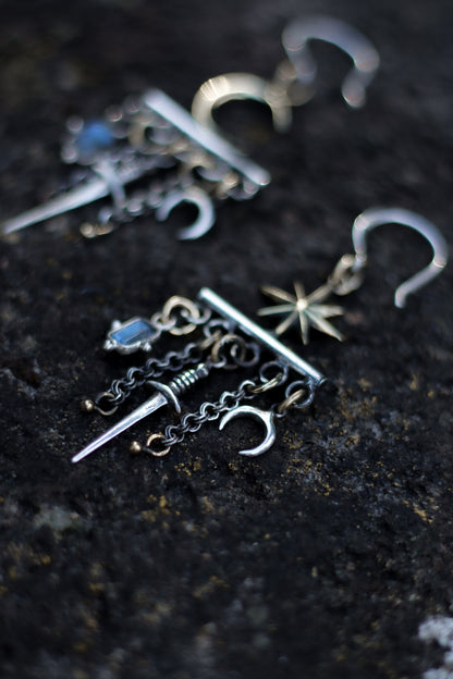 velar celestial moon and star swords earrings with sword star and moon