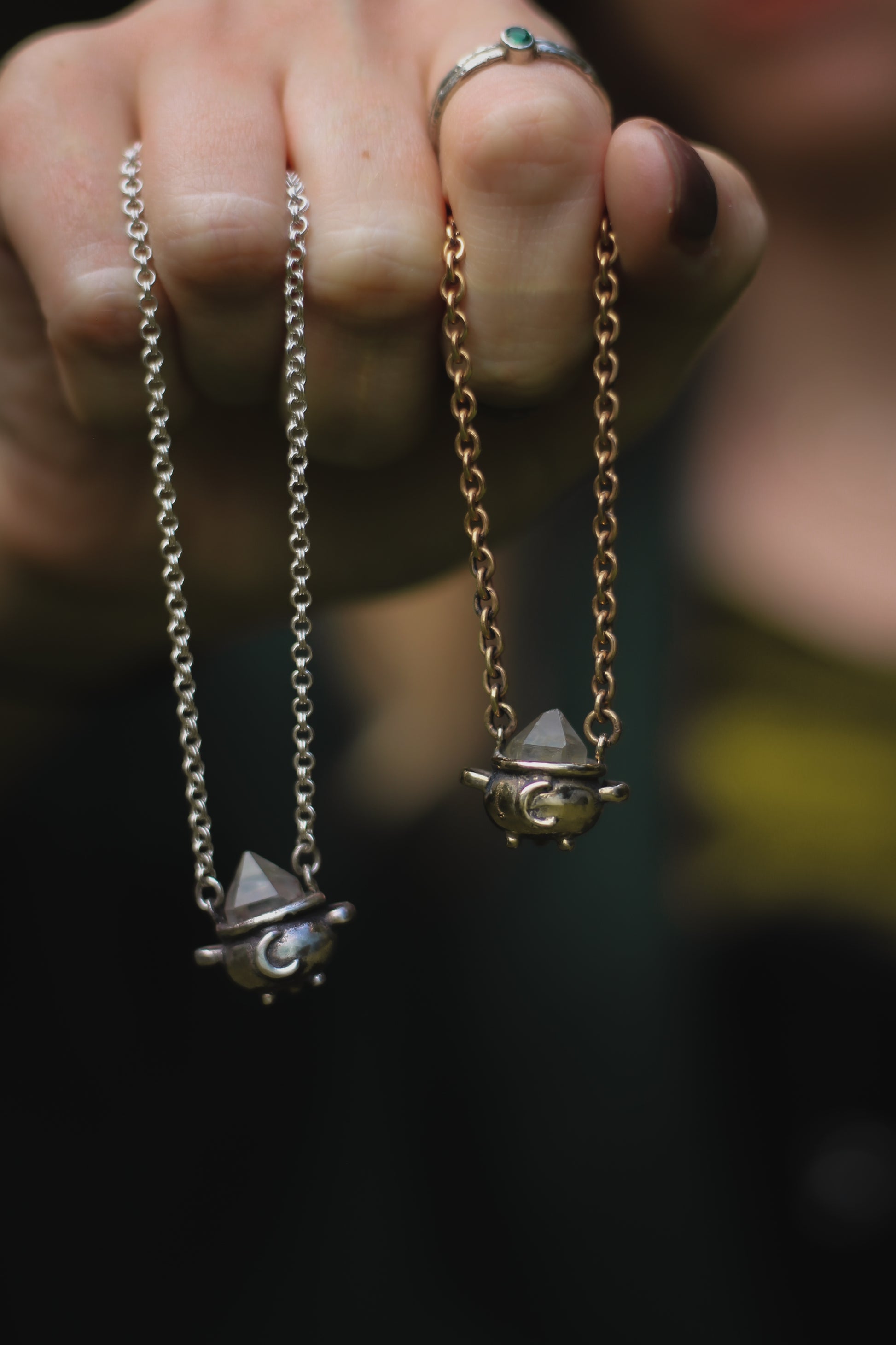 crystal cauldron necklace silver witch jewellery silver and gold