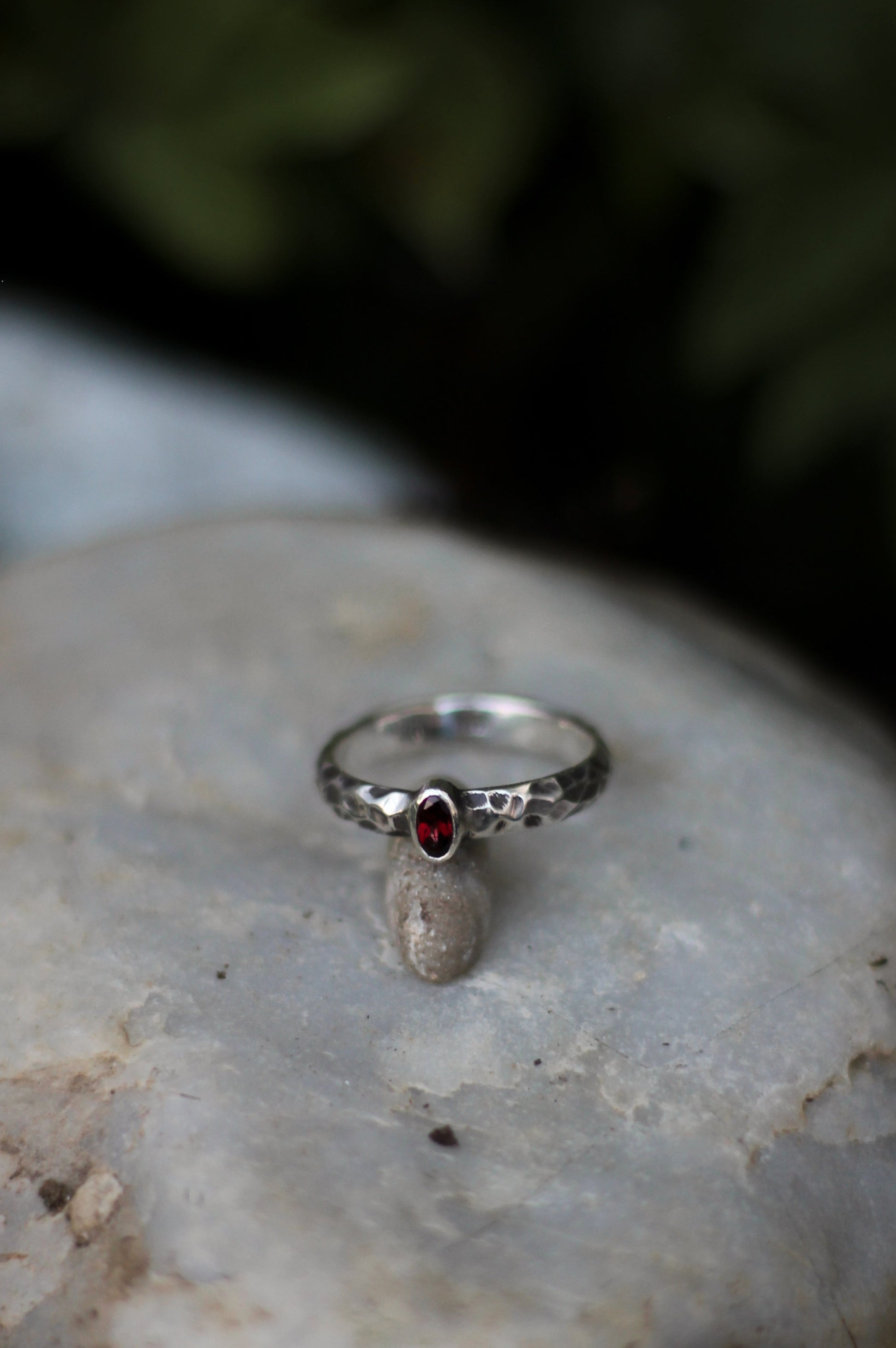 Sterling Silver hammered rings medieval fantasy wedding with garnet
