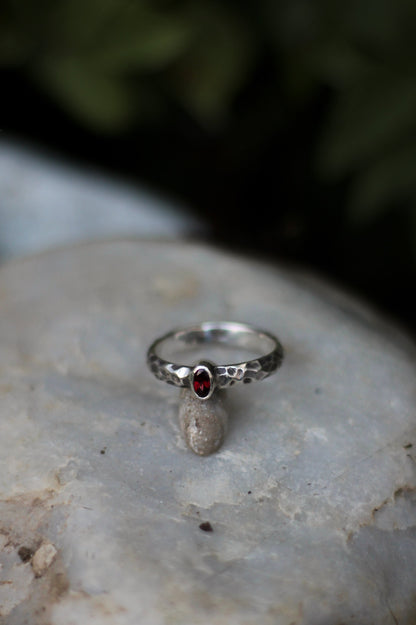 Sterling Silver hammered rings medieval fantasy wedding with garnet