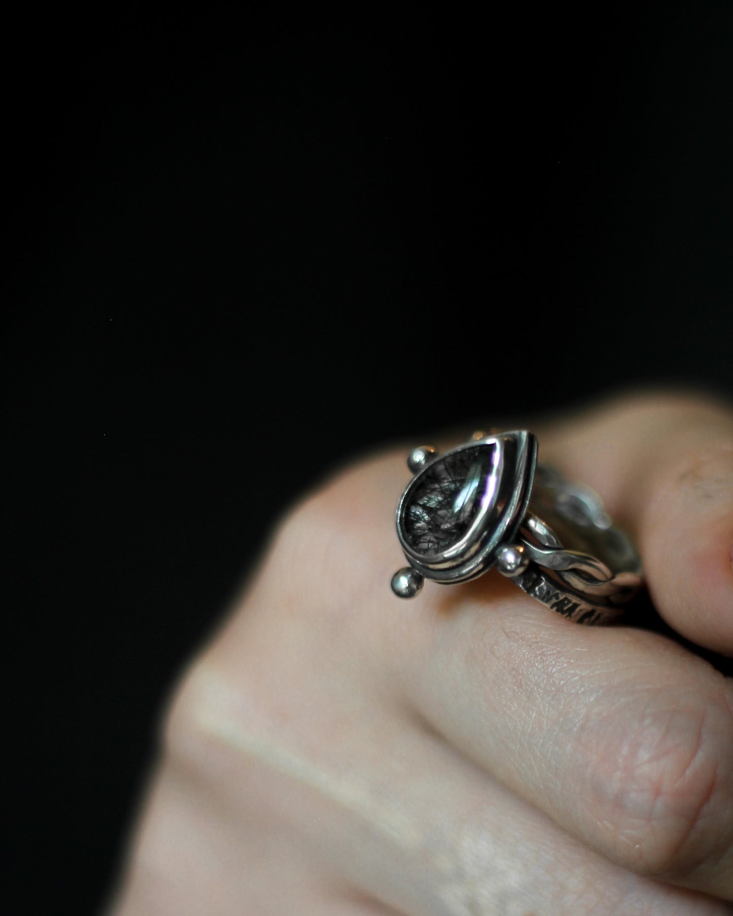 grey rutilated quarz ring in silver historic viking style
