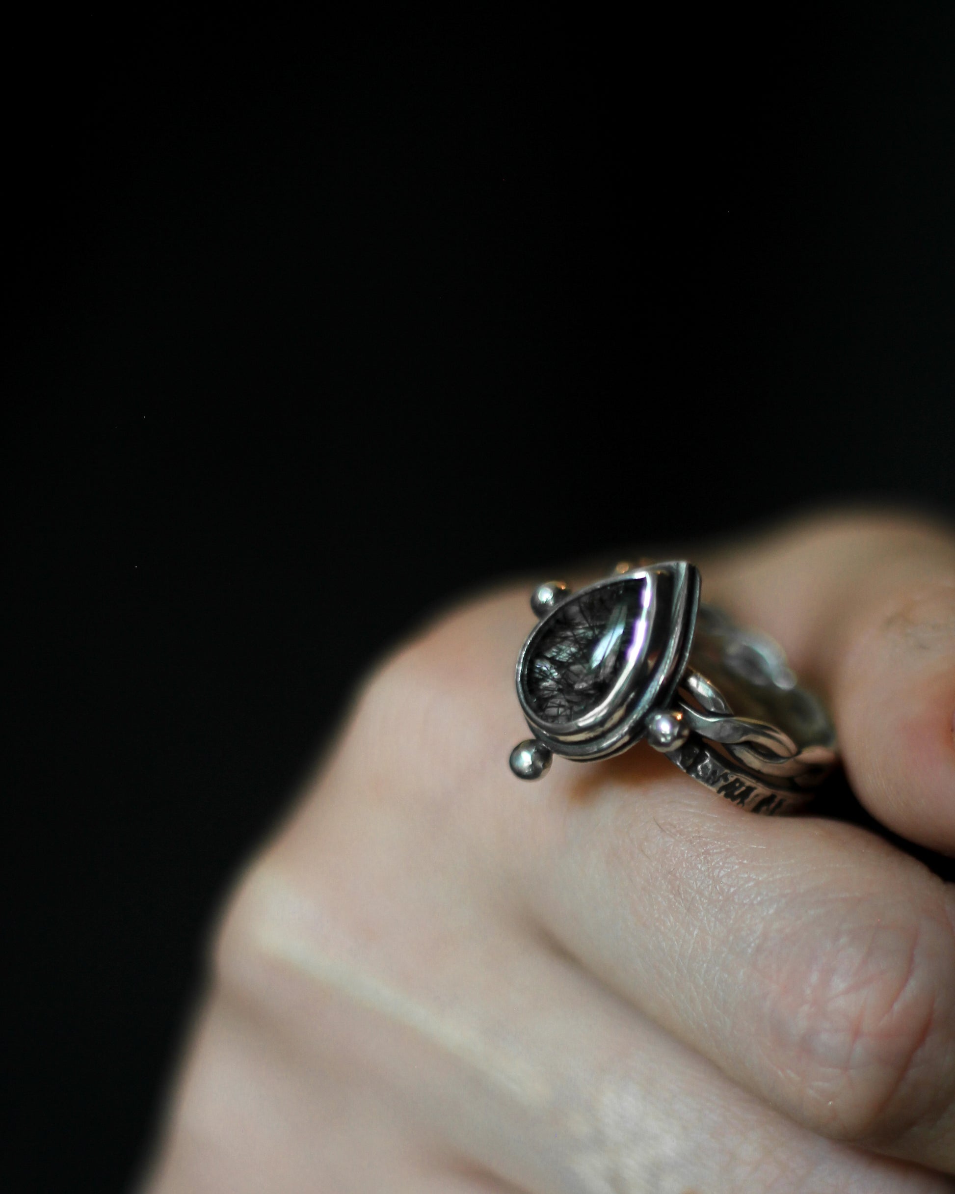 grey rutilated quarz ring in silver historic viking style