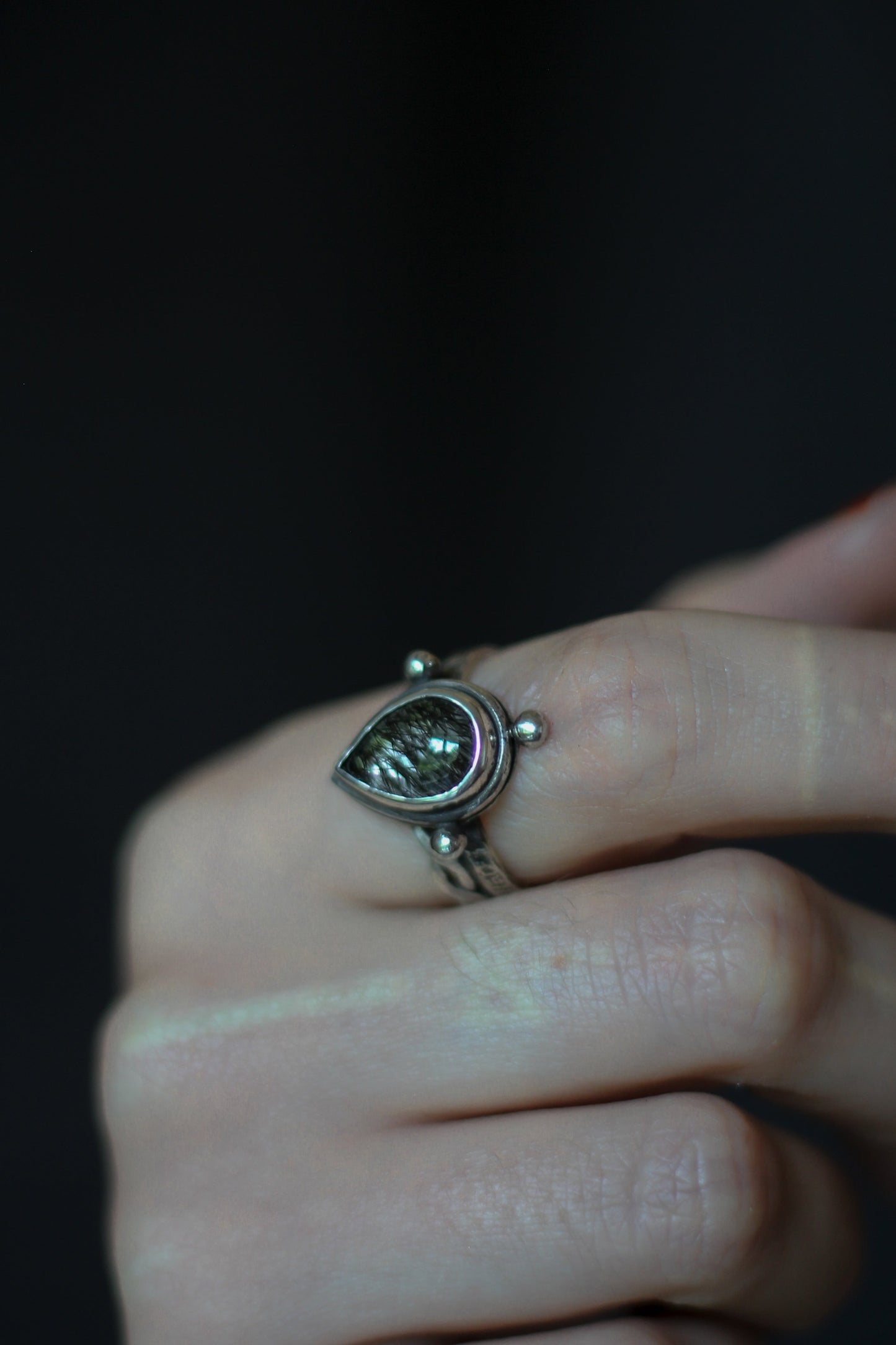 grey rutilated quartz in historical viking style silver ring