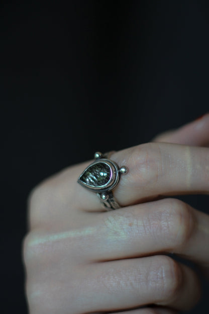 grey rutilated quartz in historical viking style silver ring
