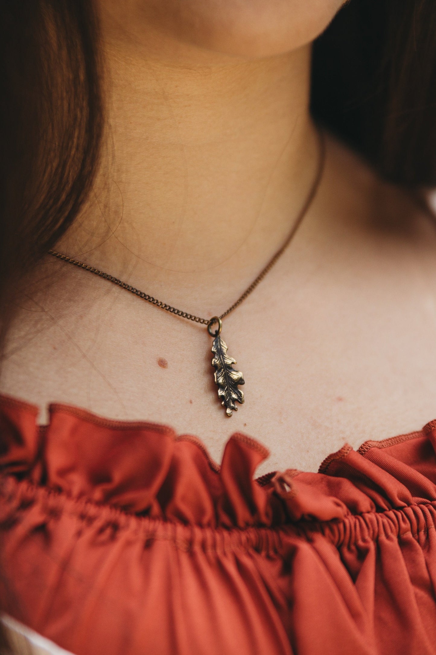 oak leaf necklace brass