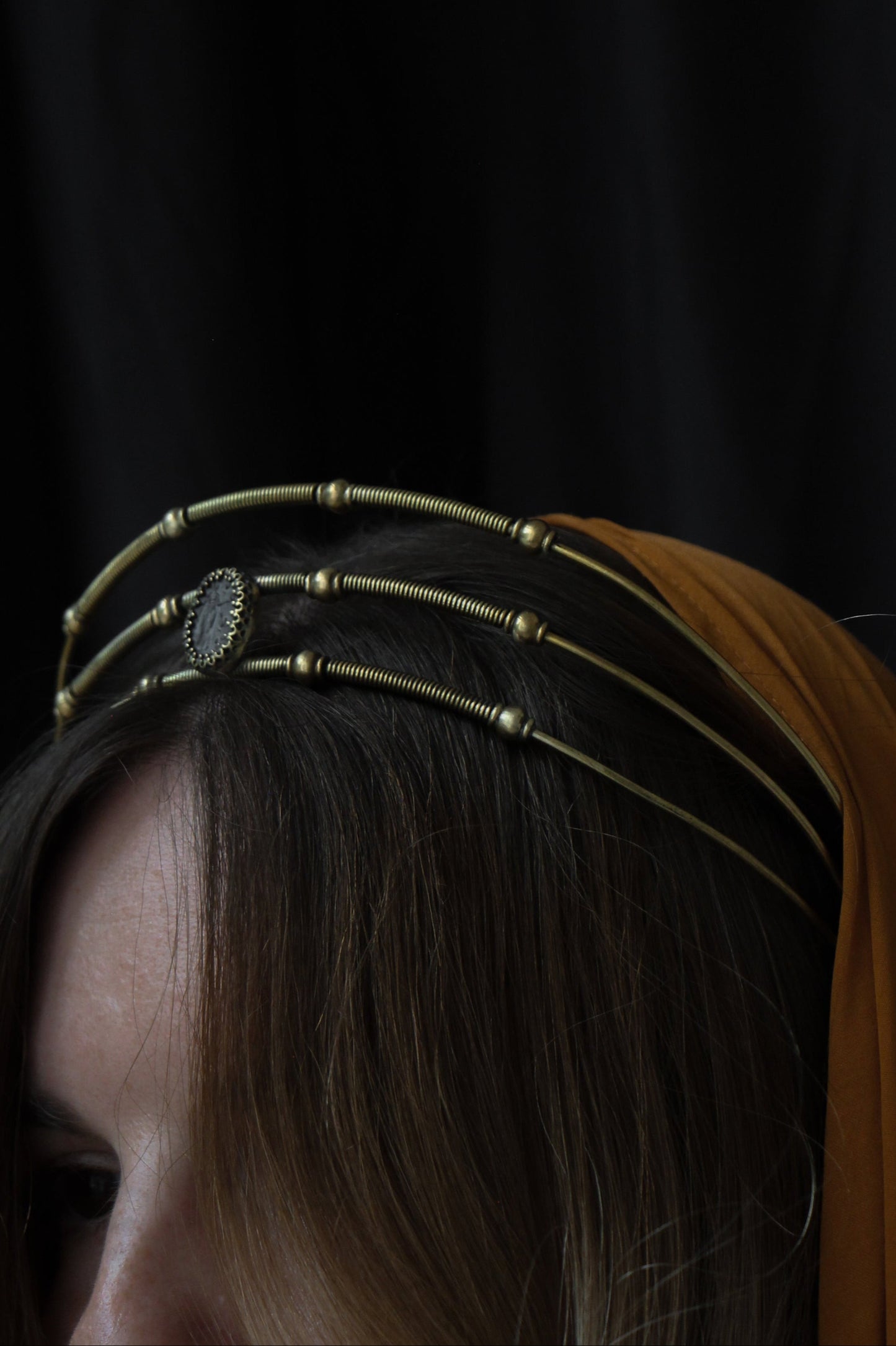 roman inspired fantasy crown tiara in brass with black glass cameo