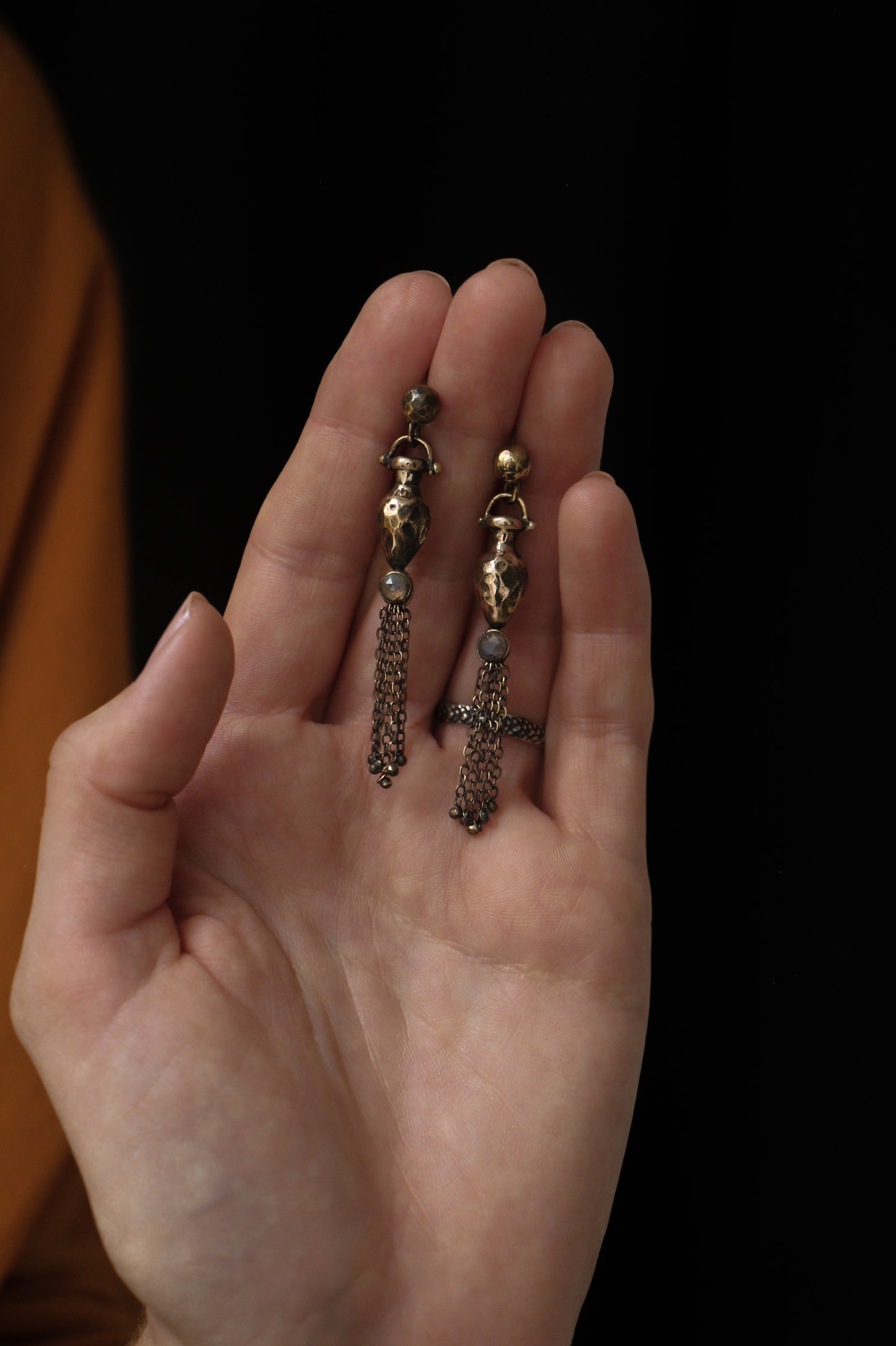 bronze moonstone earrings with roman tassels