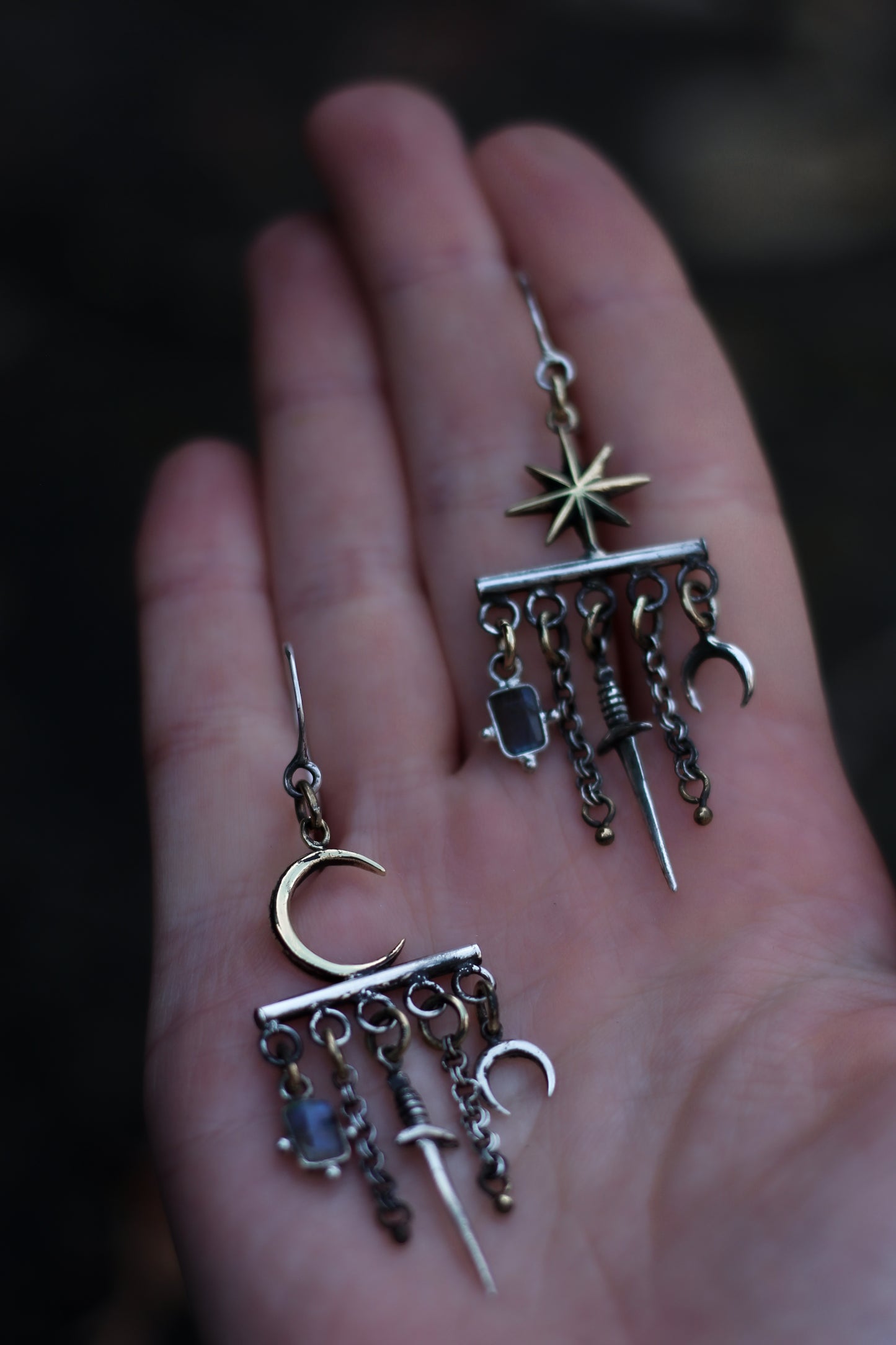 velar celestial moon and star swords earrings with labradorite brass and silver